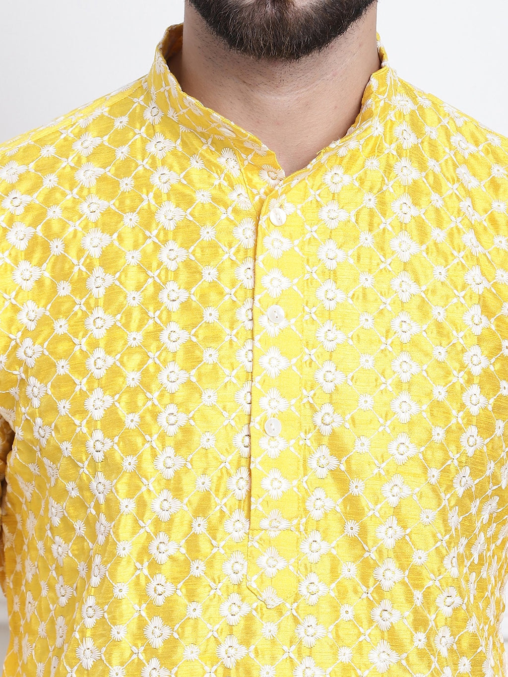 Sojanya Men Yellow & White Ethnic Motifs Embroidered Straight Kurta | Grocsy