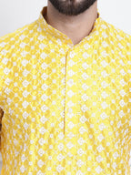 Sojanya Men Yellow & White Ethnic Motifs Embroidered Straight Kurta | Grocsy