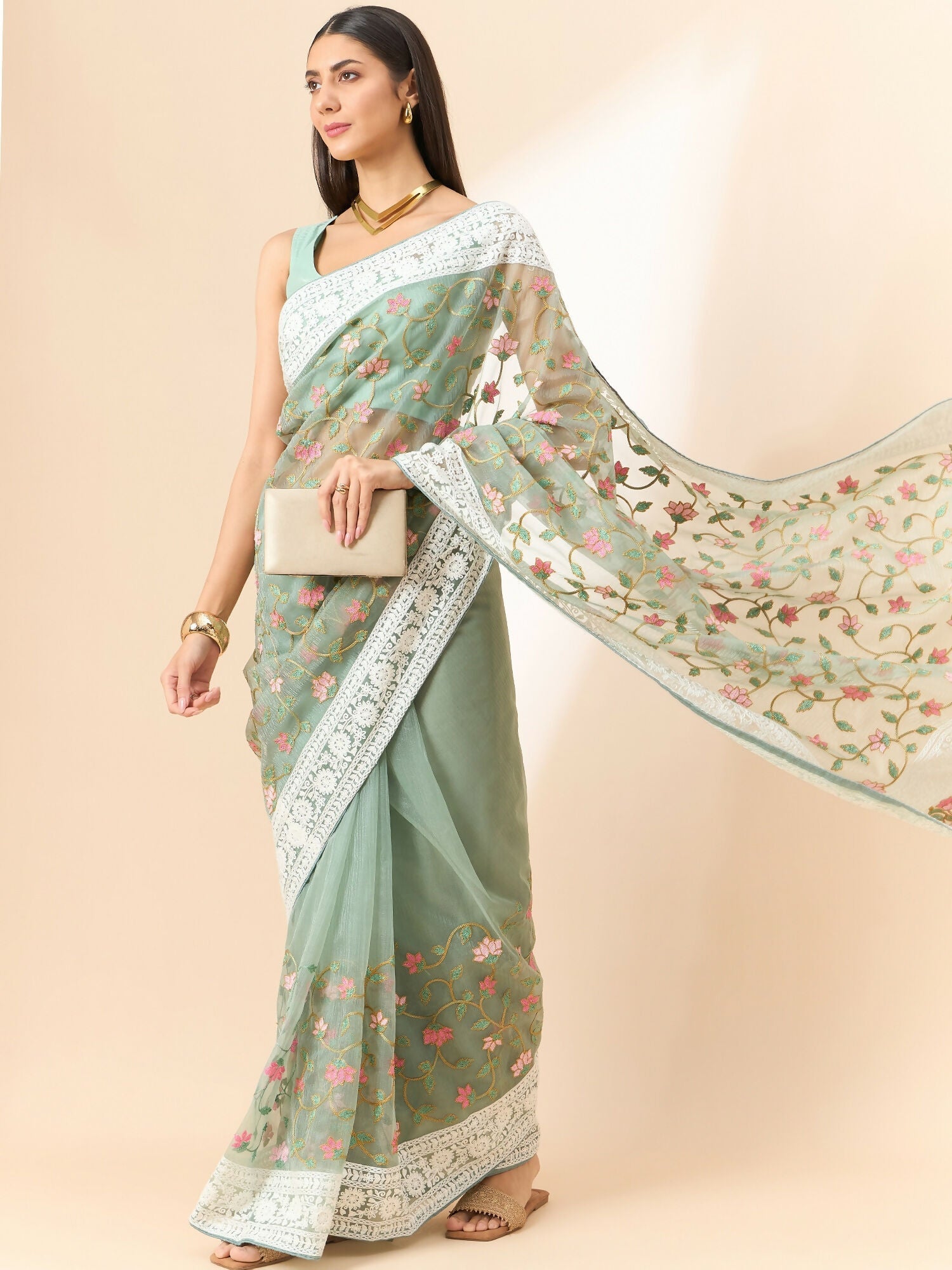 Green Organza Floral Embroidered Saree with Unstitched Blouse Piece - Roozal | Grocsy