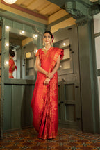 Vardha Light Red Golden Zari Banarasi Satin Silk Saree | Grocsy