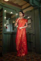 Vardha Light Red Golden Zari Banarasi Satin Silk Saree | Grocsy