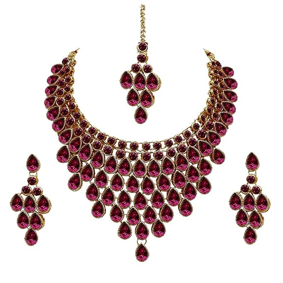 Tehzeeb Creations Designer Gold-Polished Elegant Stone Necklace Set For Women & Girls | Grocsy