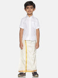 Sethukrishna Boys White & Gold Solid Pure Cotton Shirt & Veshti Set | Grocsy