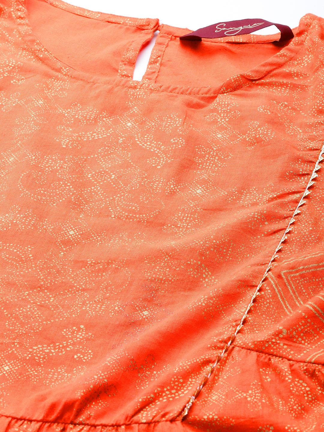 Sangria Women Orange and Golden Ethnic Printed Pure Cotton Kurta with Palazzos | Grocsy