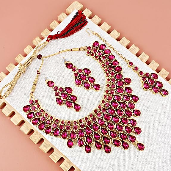 Tehzeeb Creations Designer Gold-Polished Elegant Stone Necklace Set For Women & Girls | Grocsy