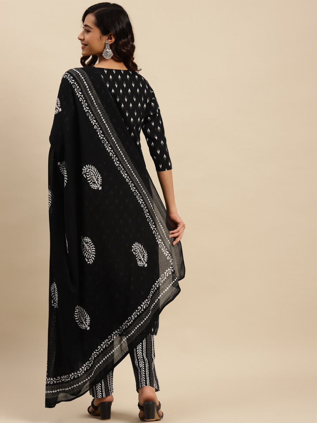 Sangria Black Ethnic Motifs Printed Pure-Cotton Straight Kurta With Trouser & Dupatta | Grocsy