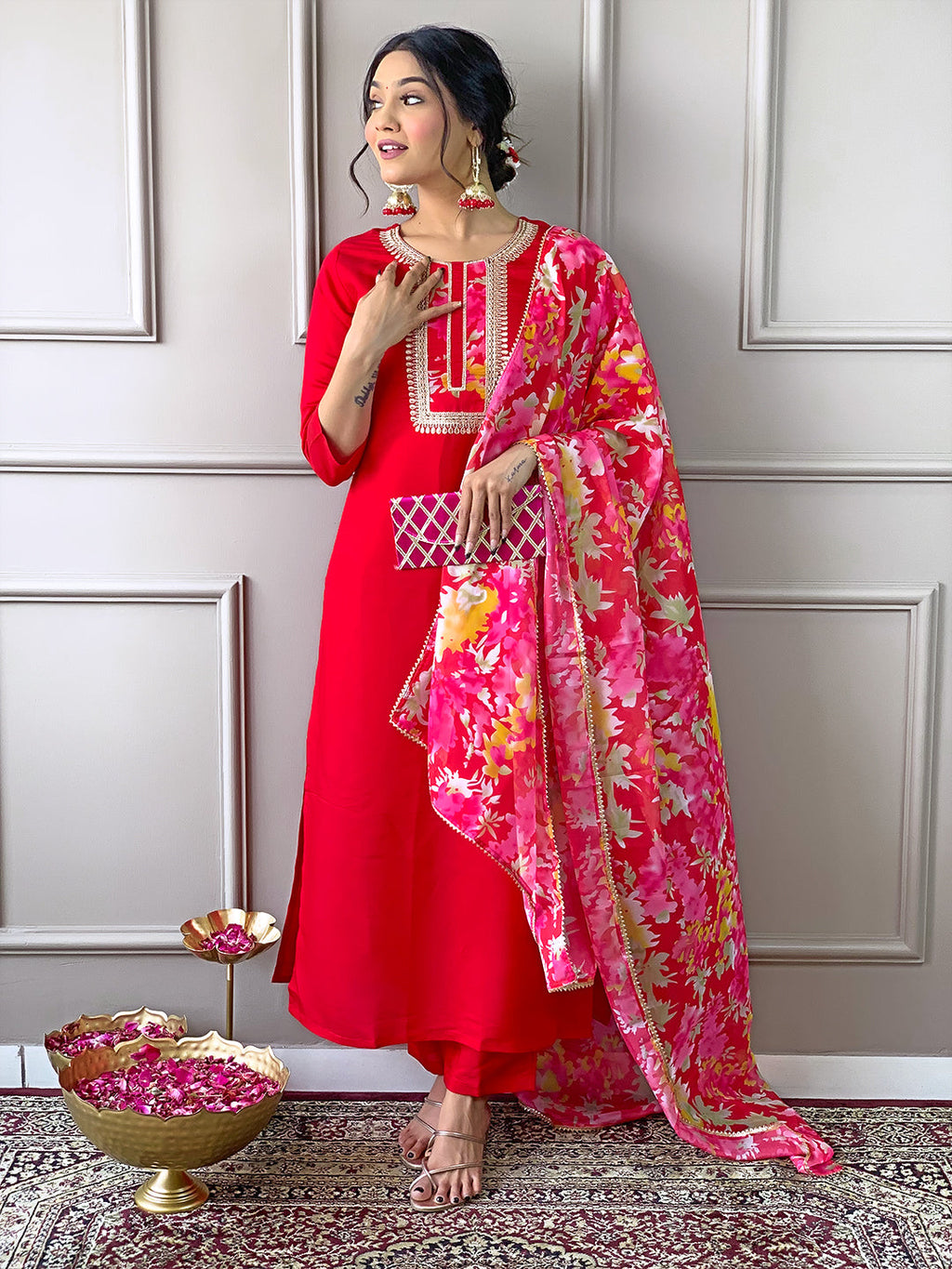 The52 Women's Rayon Fabric Straight Kurta, Pant and Dupatta Set | Grocsy