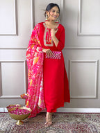 The52 Women's Rayon Fabric Straight Kurta, Pant and Dupatta Set | Grocsy