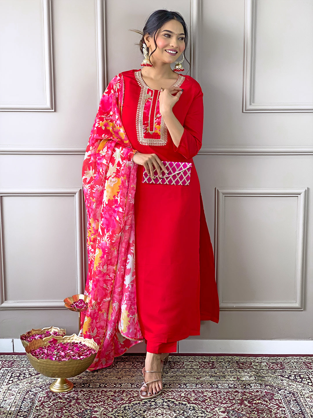 The52 Women's Rayon Fabric Straight Kurta, Pant and Dupatta Set | Grocsy