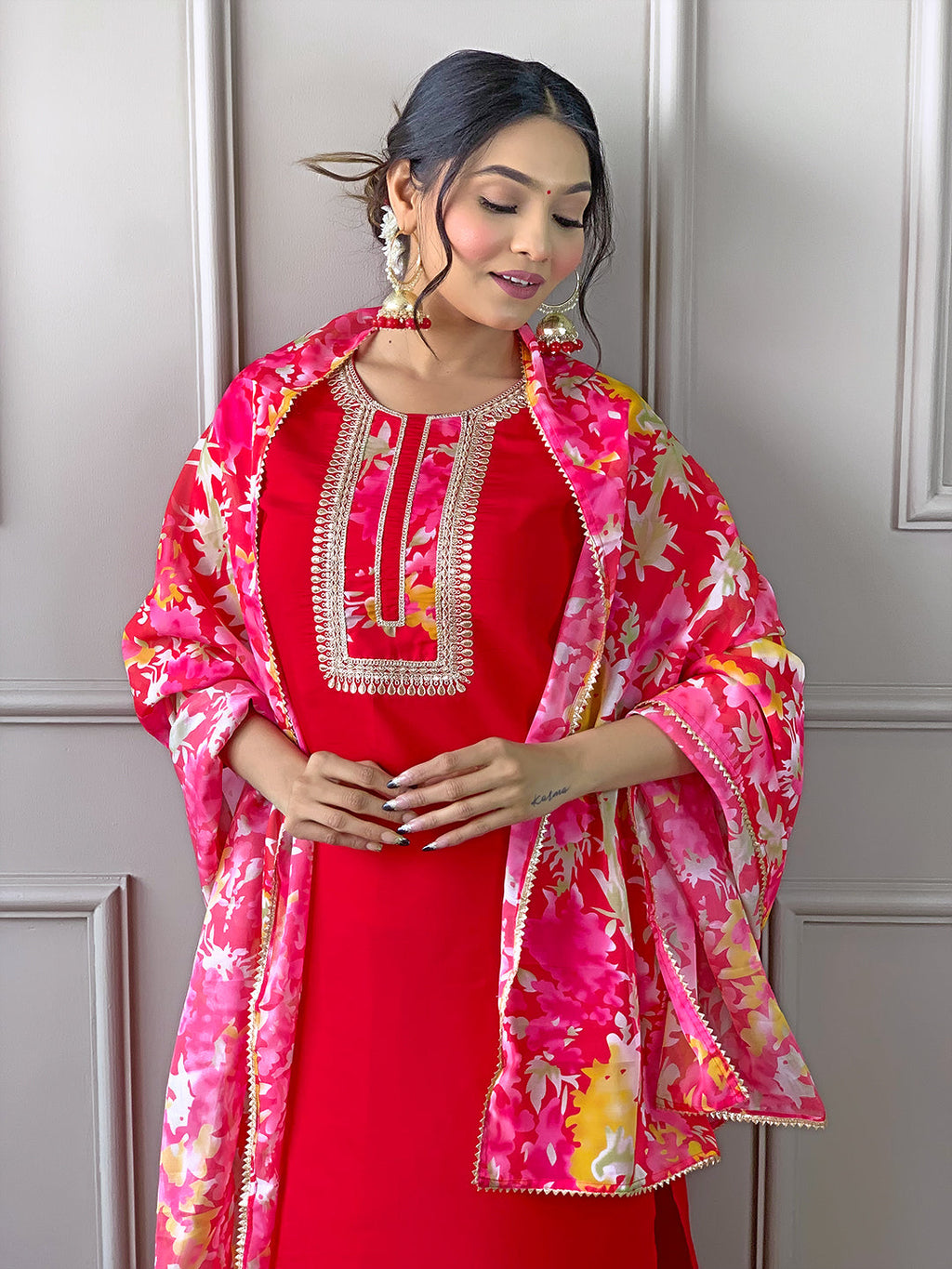 The52 Women's Rayon Fabric Straight Kurta, Pant and Dupatta Set | Grocsy
