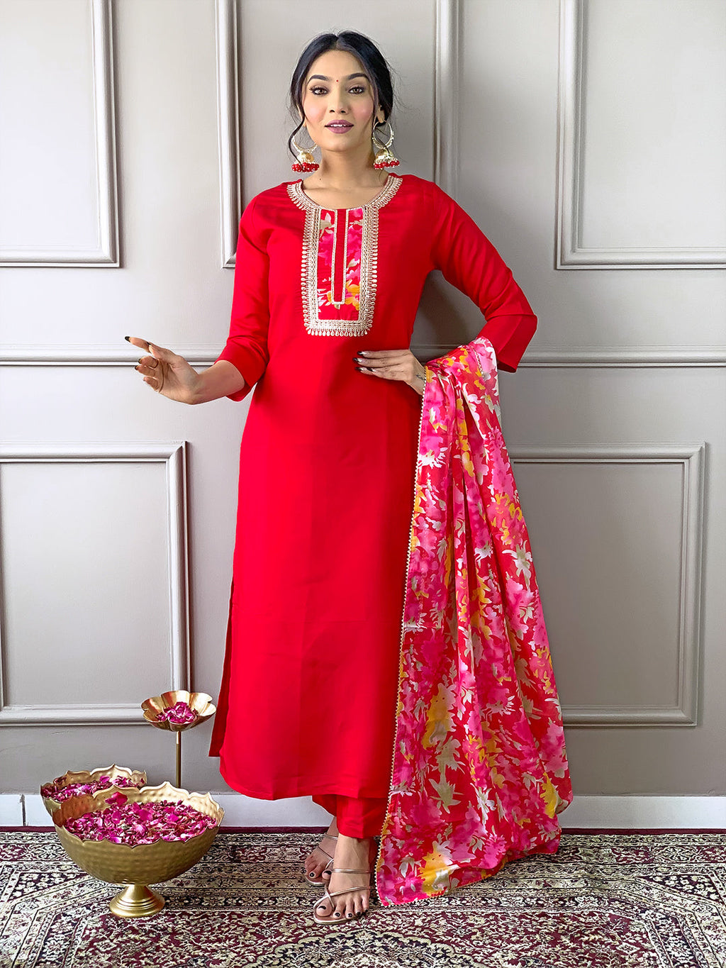 The52 Women's Rayon Fabric Straight Kurta, Pant and Dupatta Set | Grocsy