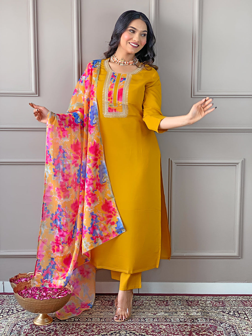 The52 Women's Rayon Fabric Straight Kurta, Pant and Dupatta Set | Grocsy