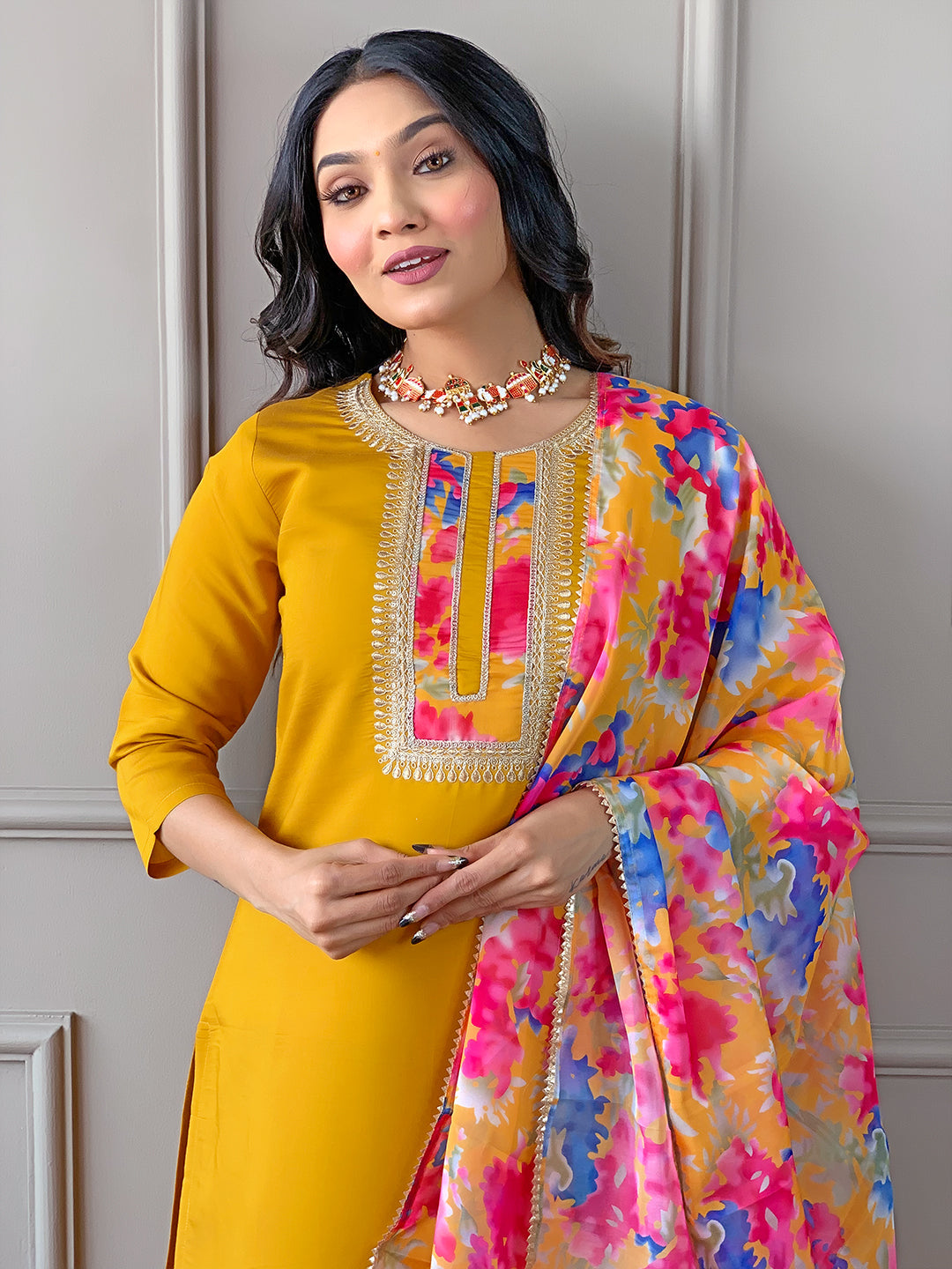 The52 Women's Rayon Fabric Straight Kurta, Pant and Dupatta Set | Grocsy