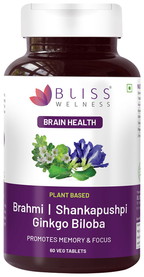 Bliss Welness Brain Health Brahmi + Shankapushpi Ginkgo Biloba Veg Tablet | Grocsy
