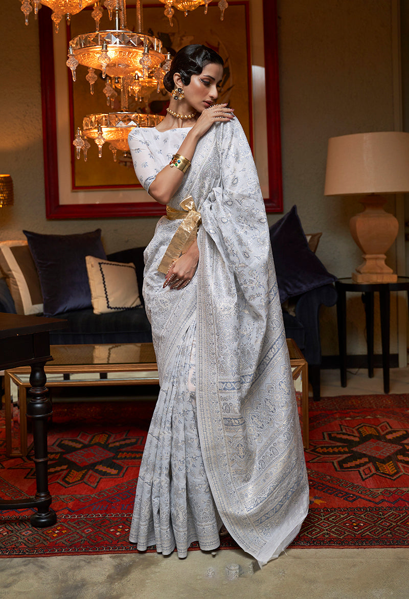Monjolika Fashion Off White Color Silk Weaving Work Traditonal Saree | Grocsy