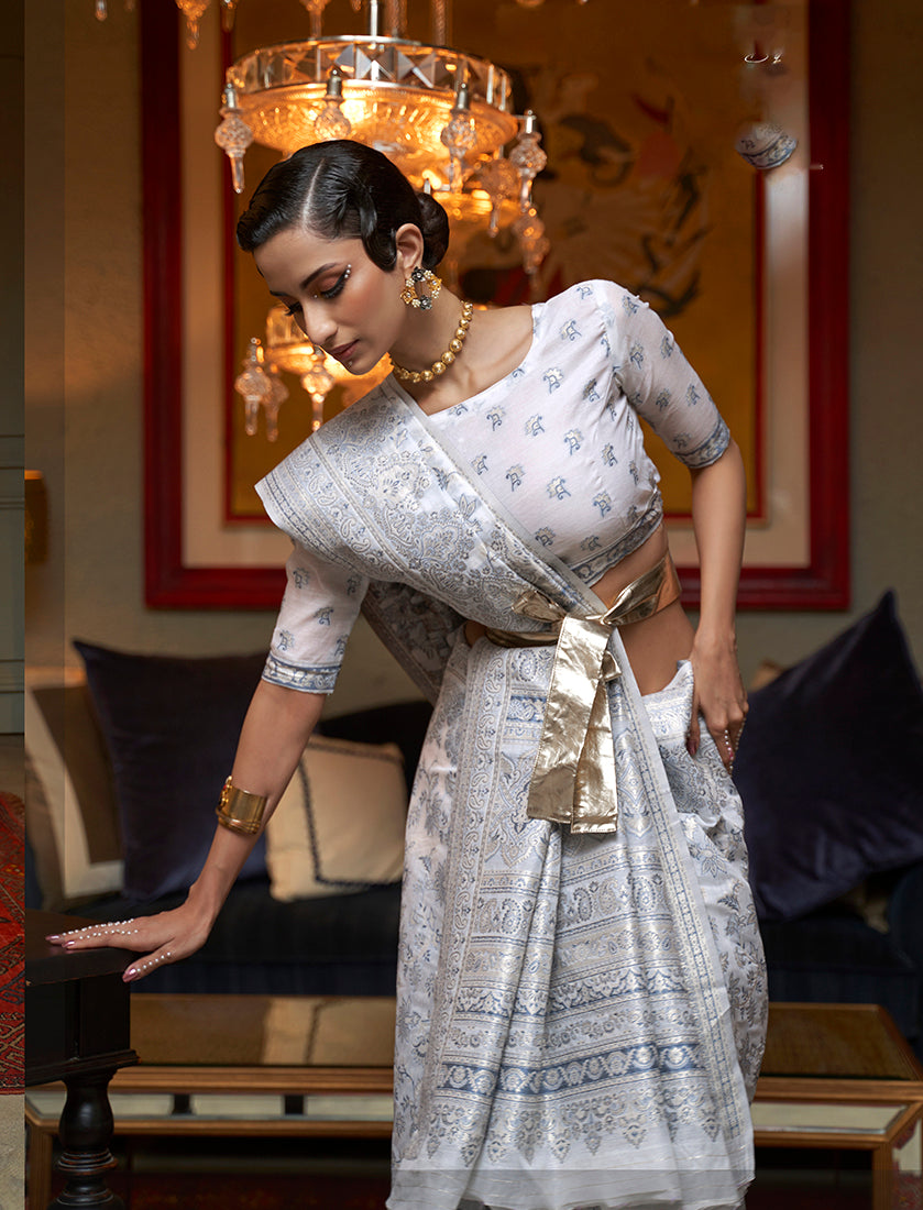 Monjolika Fashion Off White Color Silk Weaving Work Traditonal Saree | Grocsy