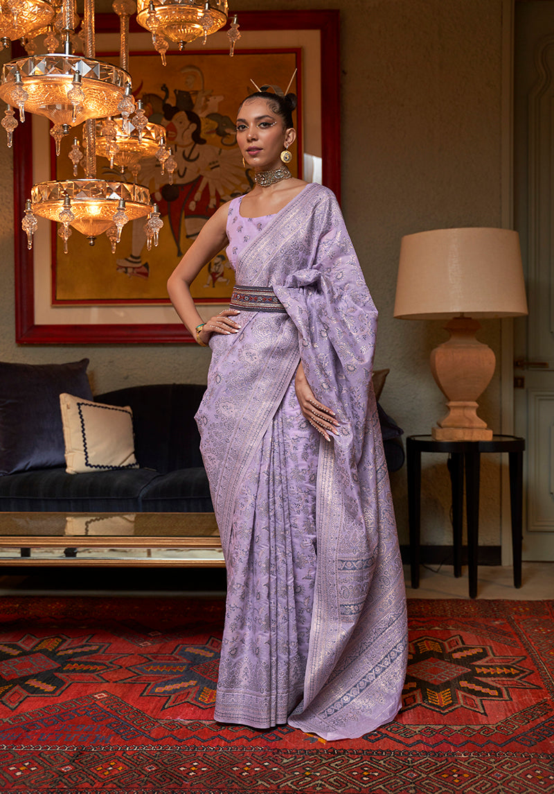 Monjolika Fashion Lavender Color Silk Weaving Work Traditonal Saree | Grocsy
