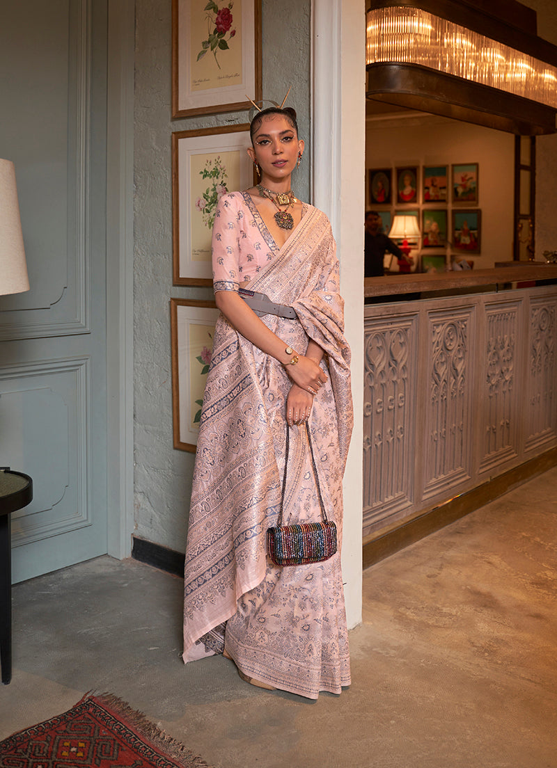 Monjolika Fashion Baby Pink Color Silk Weaving Work Traditonal Saree | Grocsy