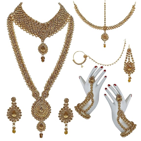 Tehzeeb Creations Bridal Dulhan Designer Gold-Polished Gold Color Pearl Stone Set 9 pcs. for Women & Girls | Grocsy