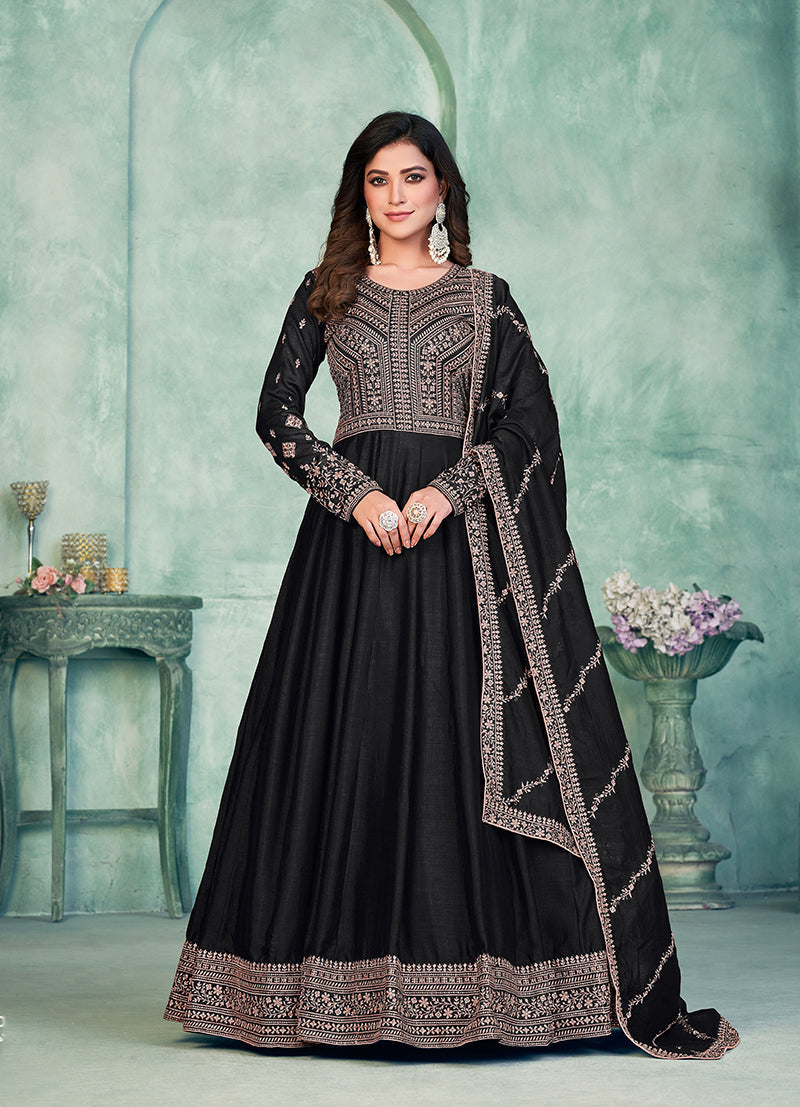 Monjolika Fashion Black Color Embroidered Art Silk Designer Anarkali Salwar Suit | Grocsy