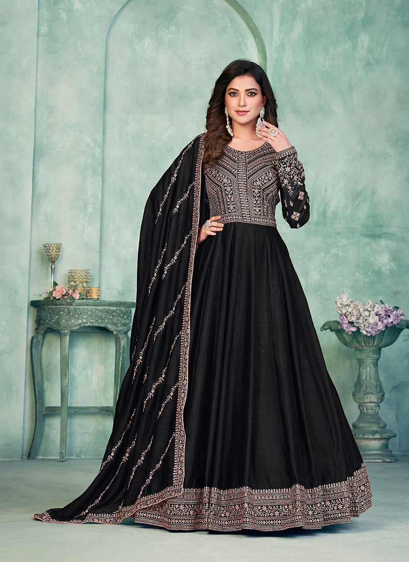 Monjolika Fashion Black Color Embroidered Art Silk Designer Anarkali Salwar Suit | Grocsy