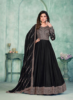 Monjolika Fashion Black Color Embroidered Art Silk Designer Anarkali Salwar Suit | Grocsy