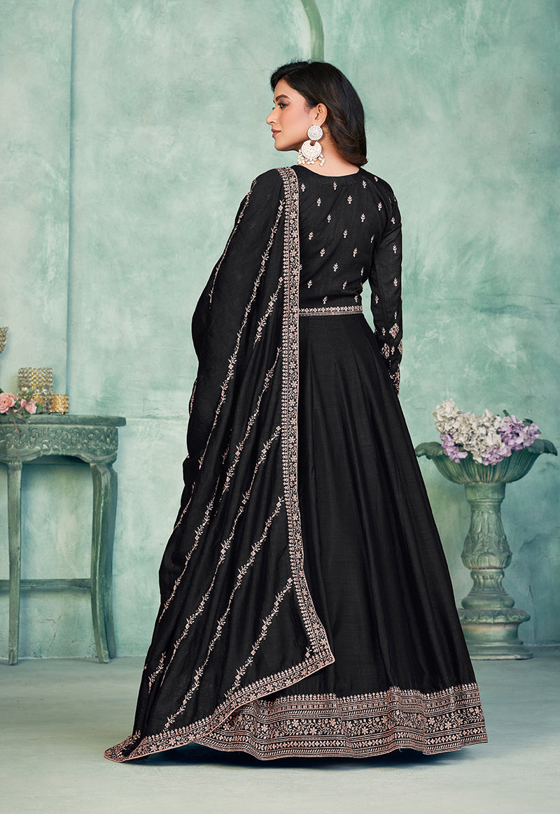 Monjolika Fashion Black Color Embroidered Art Silk Designer Anarkali Salwar Suit | Grocsy