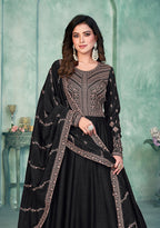 Monjolika Fashion Black Color Embroidered Art Silk Designer Anarkali Salwar Suit | Grocsy