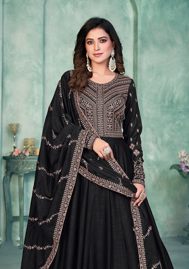 Monjolika Fashion Black Color Embroidered Art Silk Designer Anarkali Salwar Suit | Grocsy