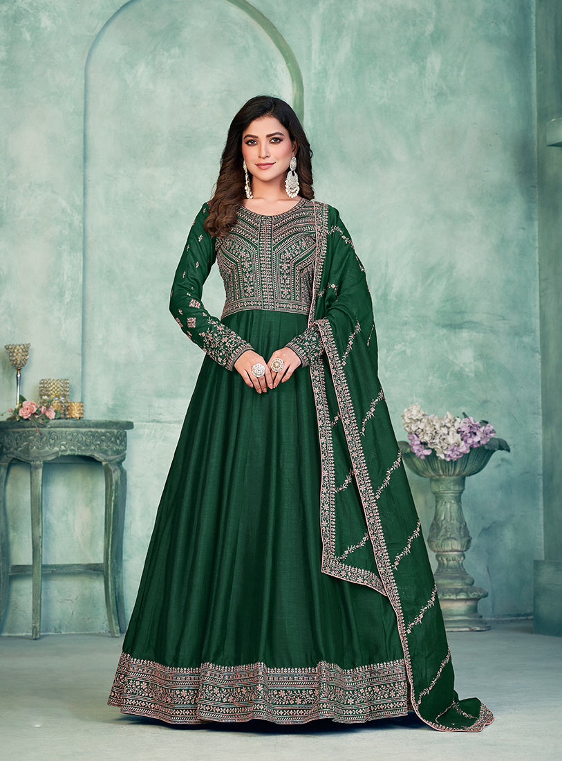 Monjolika Fashion Dark Green Color Embroidered Art Silk Designer Anarkali Salwar Suit | Grocsy
