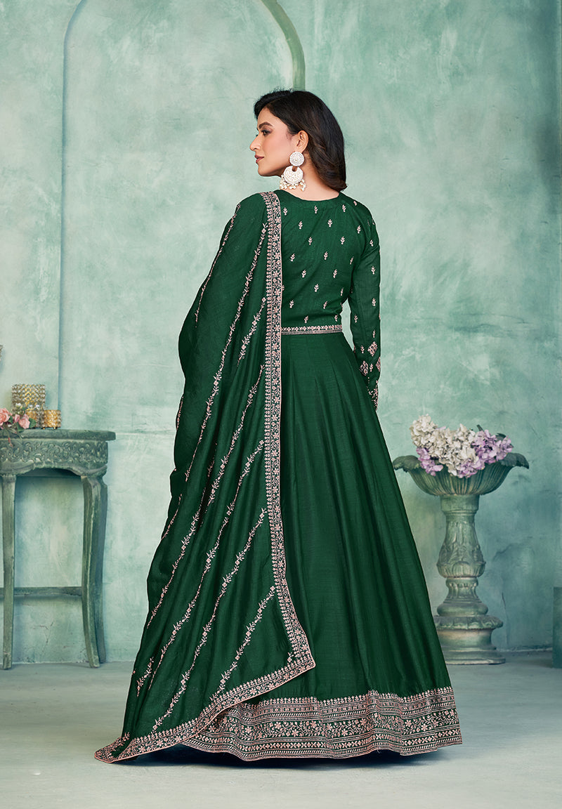 Monjolika Fashion Dark Green Color Embroidered Art Silk Designer Anarkali Salwar Suit | Grocsy
