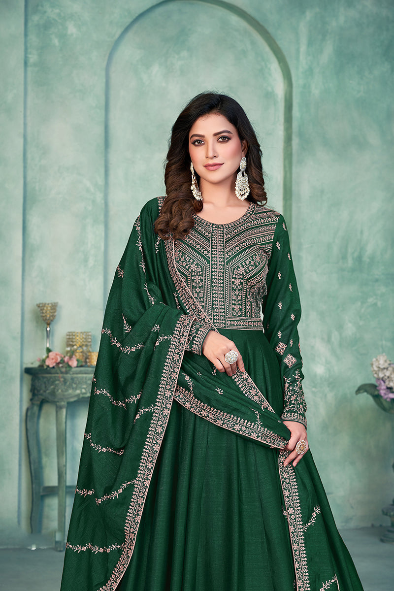 Monjolika Fashion Dark Green Color Embroidered Art Silk Designer Anarkali Salwar Suit | Grocsy