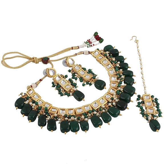 Tehzeeb Creations Back Meenakari Gold-Polished Square Shape Tika Earring Jewellery Set Uncut Kundan Big Faux Kundan Dibbi Kundan Choker Necklace Set | Grocsy