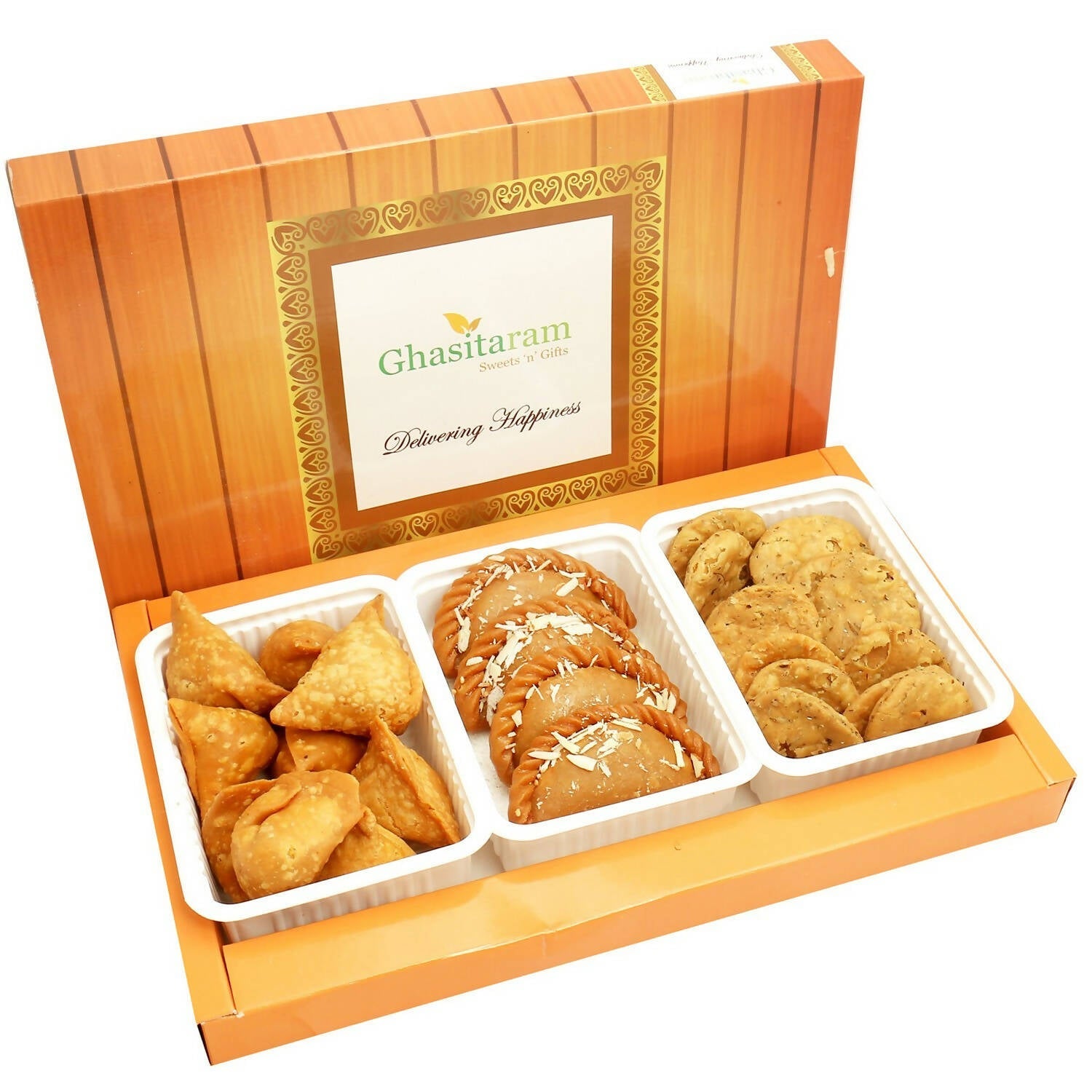 Ghasitaram Holi Hampers: Gujiya, Farsan Samosa and Methi Mathi Namkeen Hamper | Grocsy