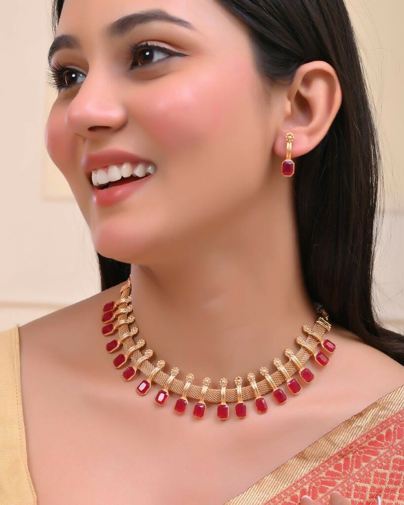 VOJ Gold-Polished Traditional Maroon Stone Studded Necklace And Earrings Set | Grocsy