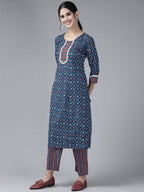 Yufta Women Blue & White Printed Pure Cotton Kurta with Palazzo & With Dupatta | Grocsy