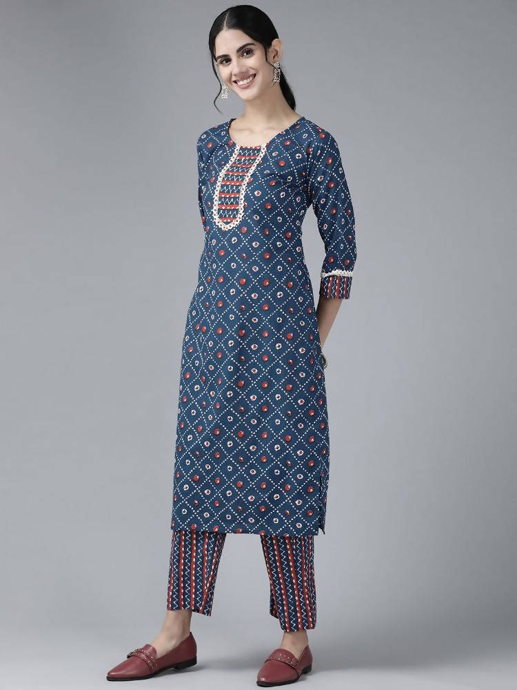 Yufta Women Blue & White Printed Pure Cotton Kurta with Palazzo & With Dupatta | Grocsy