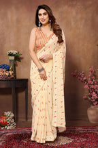 Partywear Designer Cream Georgette Fancy Saree - Satrangi | Grocsy