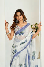 Vastranavya Blue Digital Printed Linen Ready To Wear Designer Saree with Unstitched Blouse | Grocsy