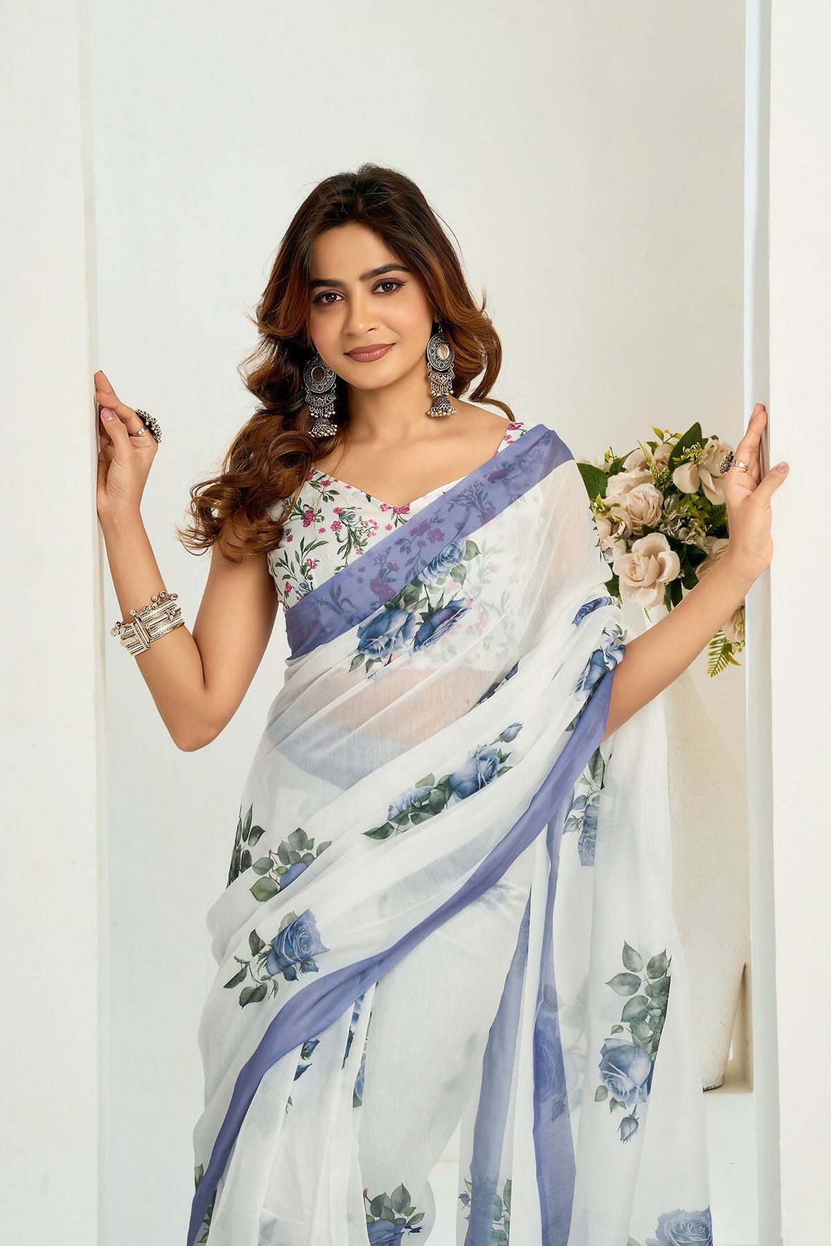 Vastranavya Blue Digital Printed Linen Ready To Wear Designer Saree with Unstitched Blouse | Grocsy