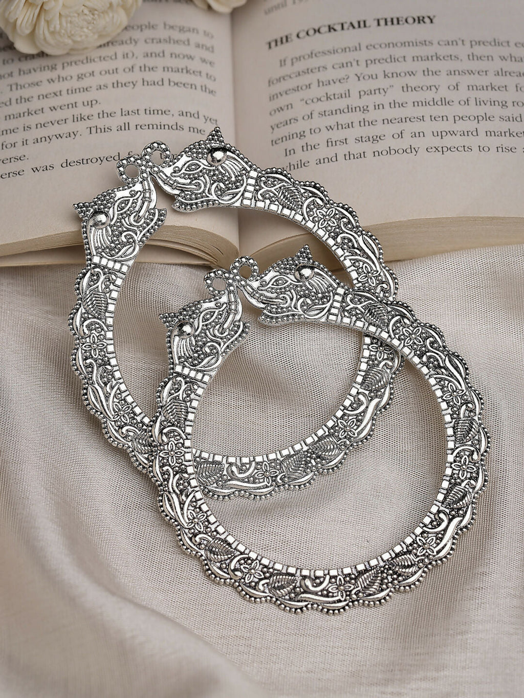 NVR Women's Set of 2 Silver-Toned German Silve Oxidised Elephant Design Handcrafted Bangles