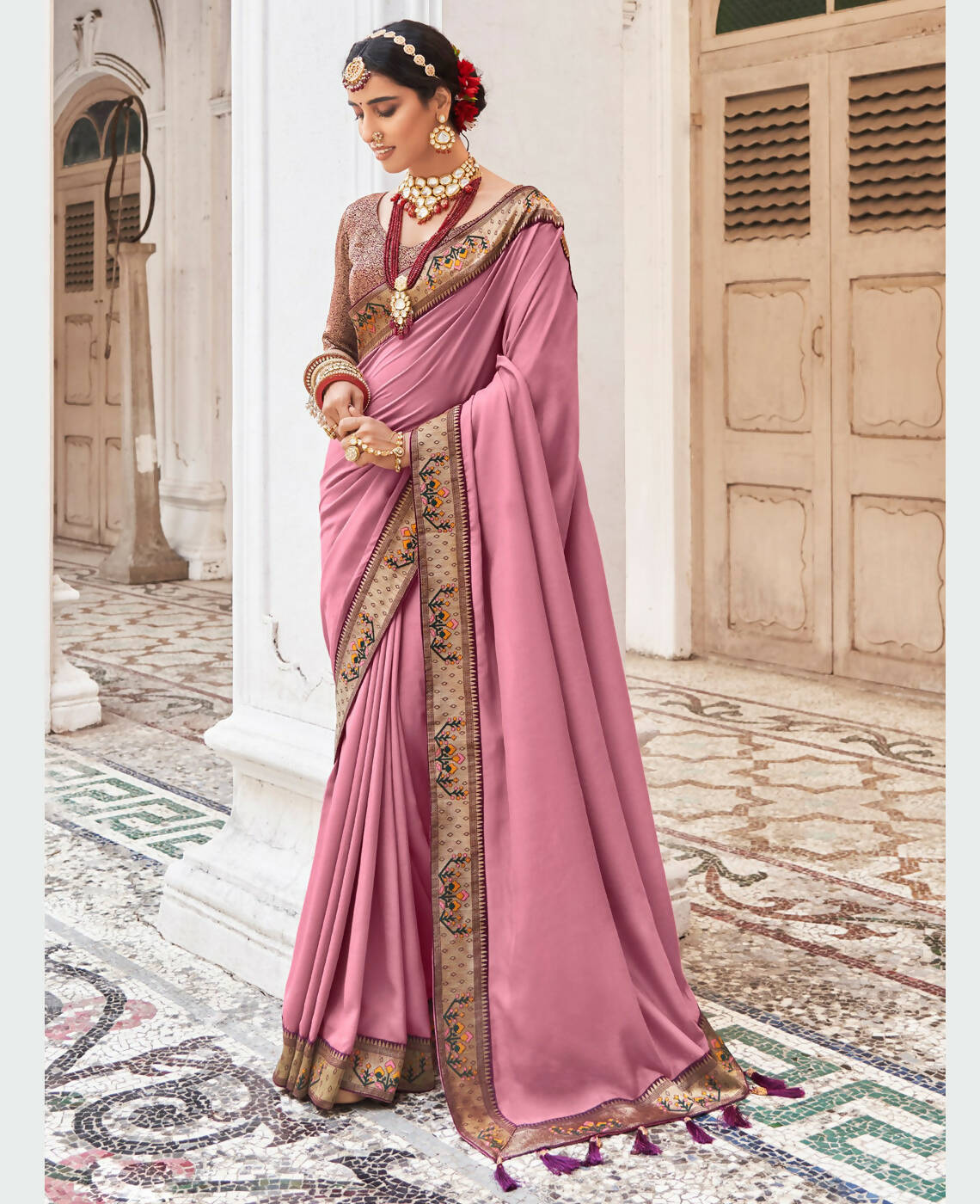 Pink Vichitra Solid Saree With Unstitched Blouse Piece - Juhi | Grocsy