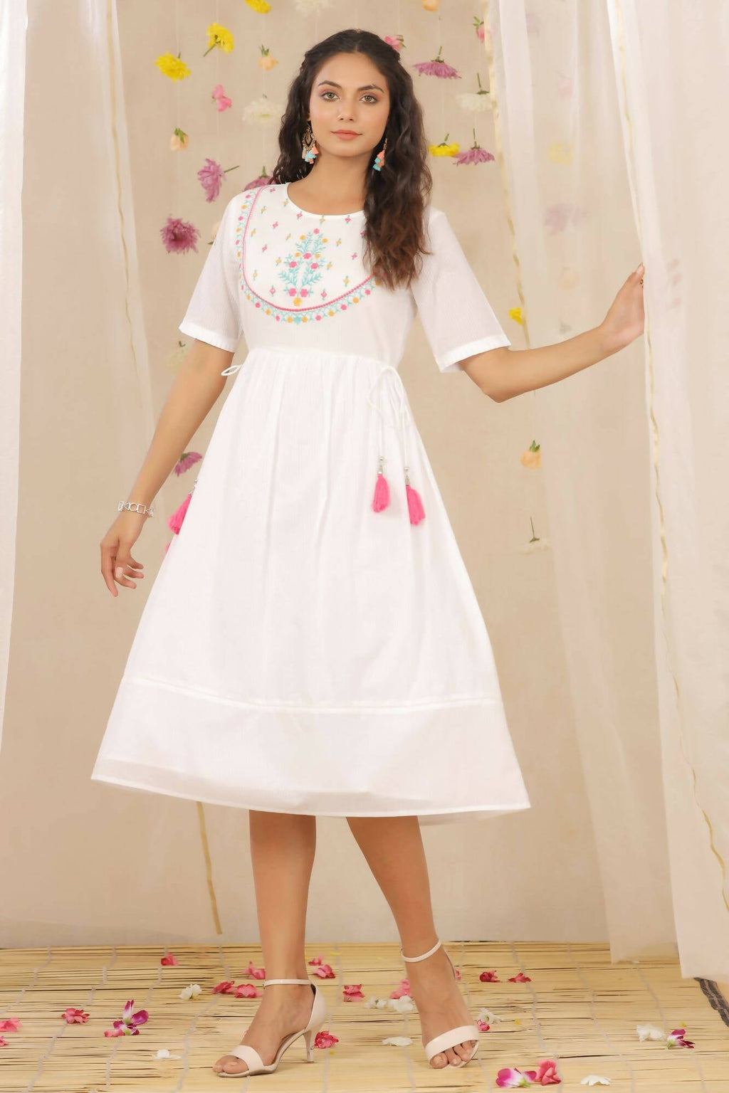 Juniper Women White Cotton Dobby Embroidered A-Line Dress | Grocsy
