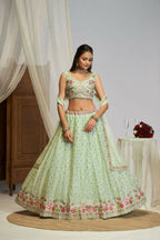 Pastel Green Georgette Thread Embroidery Work Lehenga Choli For Women - Jihu Culture | Grocsy