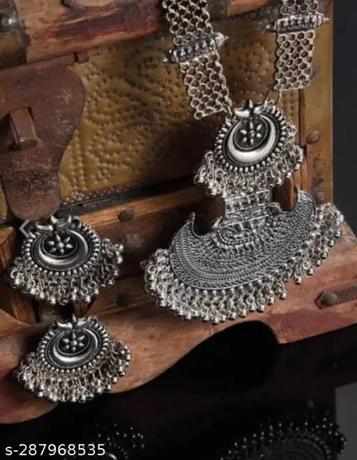 Tehzeeb Creations Women's Bahubali Oxidised Necklace Set With White Pearl - Swadesiicart
