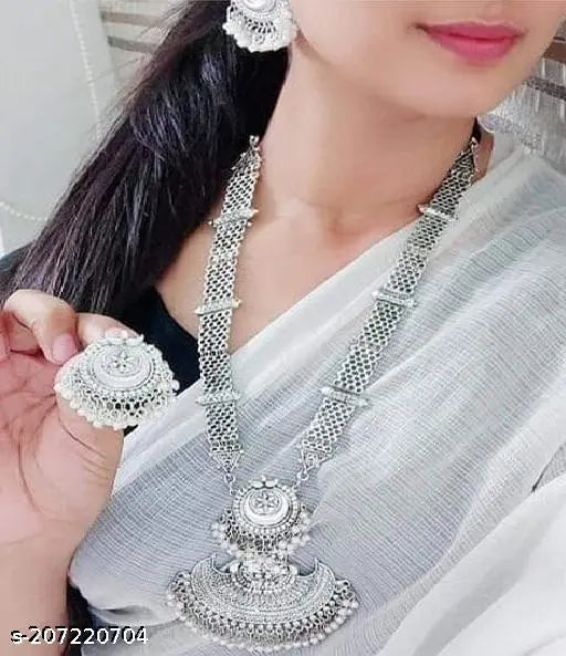 Tehzeeb Creations Women's Bahubali Oxidised Necklace Set With White Pearl - Swadesiicart