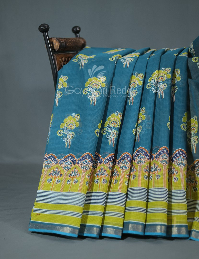 Shades of Peacock Blue With Block Design Pure Kota Cotton Saree By Gayathri Reddy Designer Studio | Grocsy