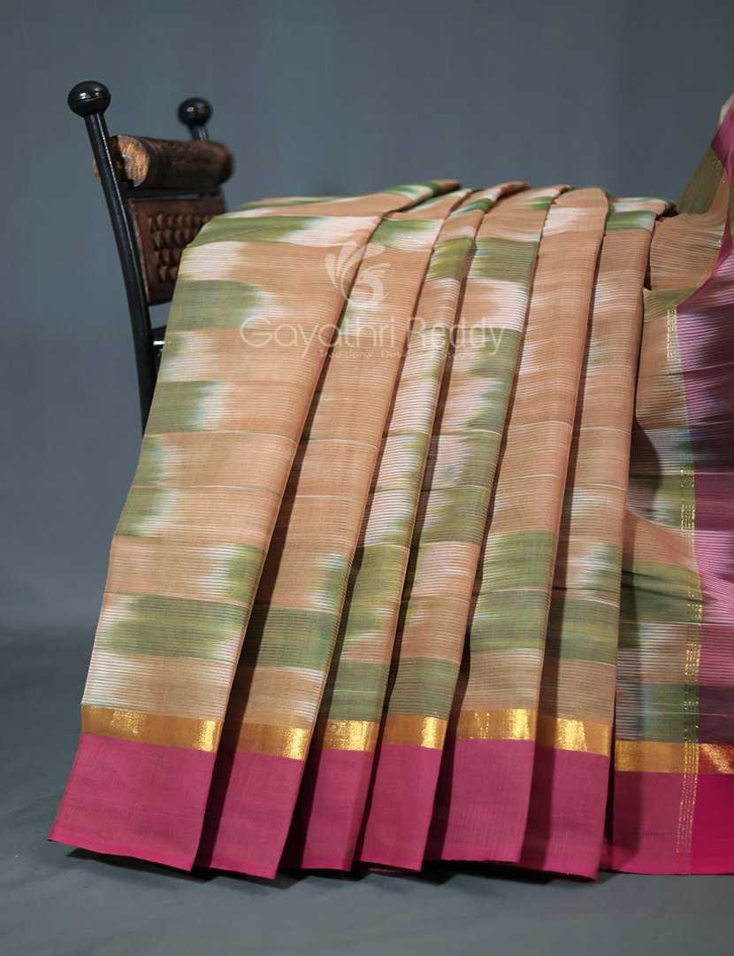 Dual Shades of Mustard And Pink Mangalagiri Ikkat Cotton Saree By Gayathri Reddy Designer Studio | Grocsy