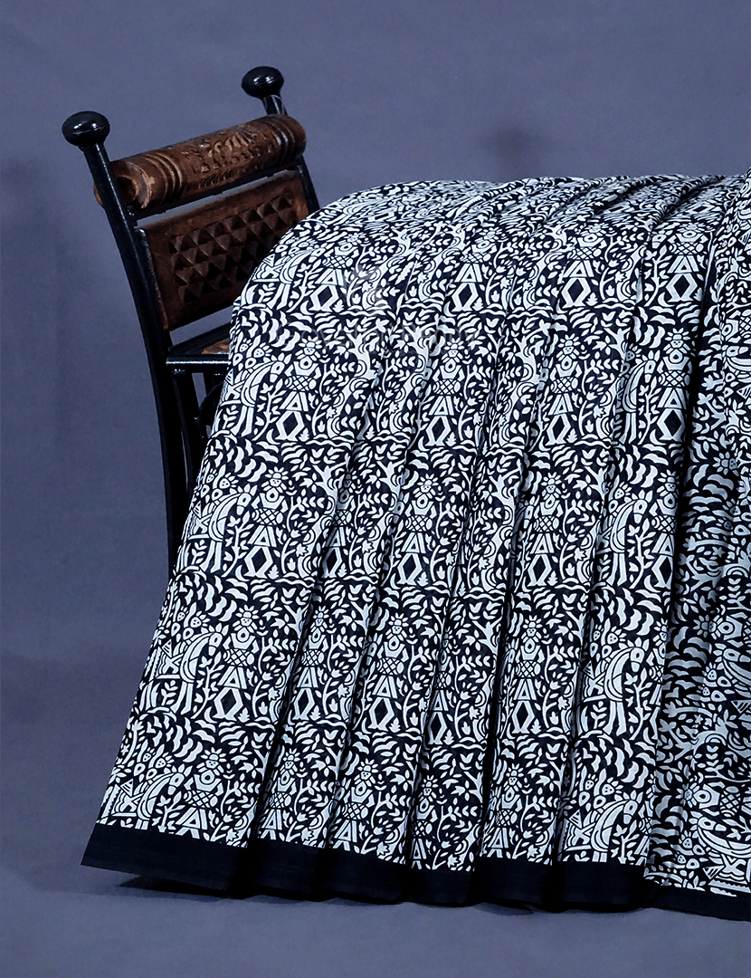 White And Black Combo Block Print Pure Mulmul Cotton Saree By Gayathri Reddy Designer Studio | Grocsy