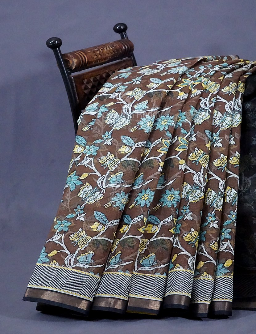 Black And Brown Colour Block Print Pure Kota Cotton Saree By Gayathri Reddy Designer Studio | Grocsy